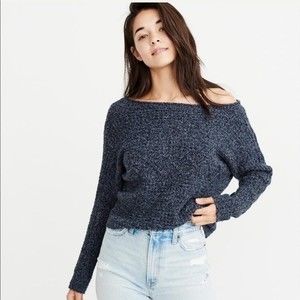 Abercrombie & Fitch Cable Knit Off-the-Shoulder Dolman Sweater Navy Blue Size S